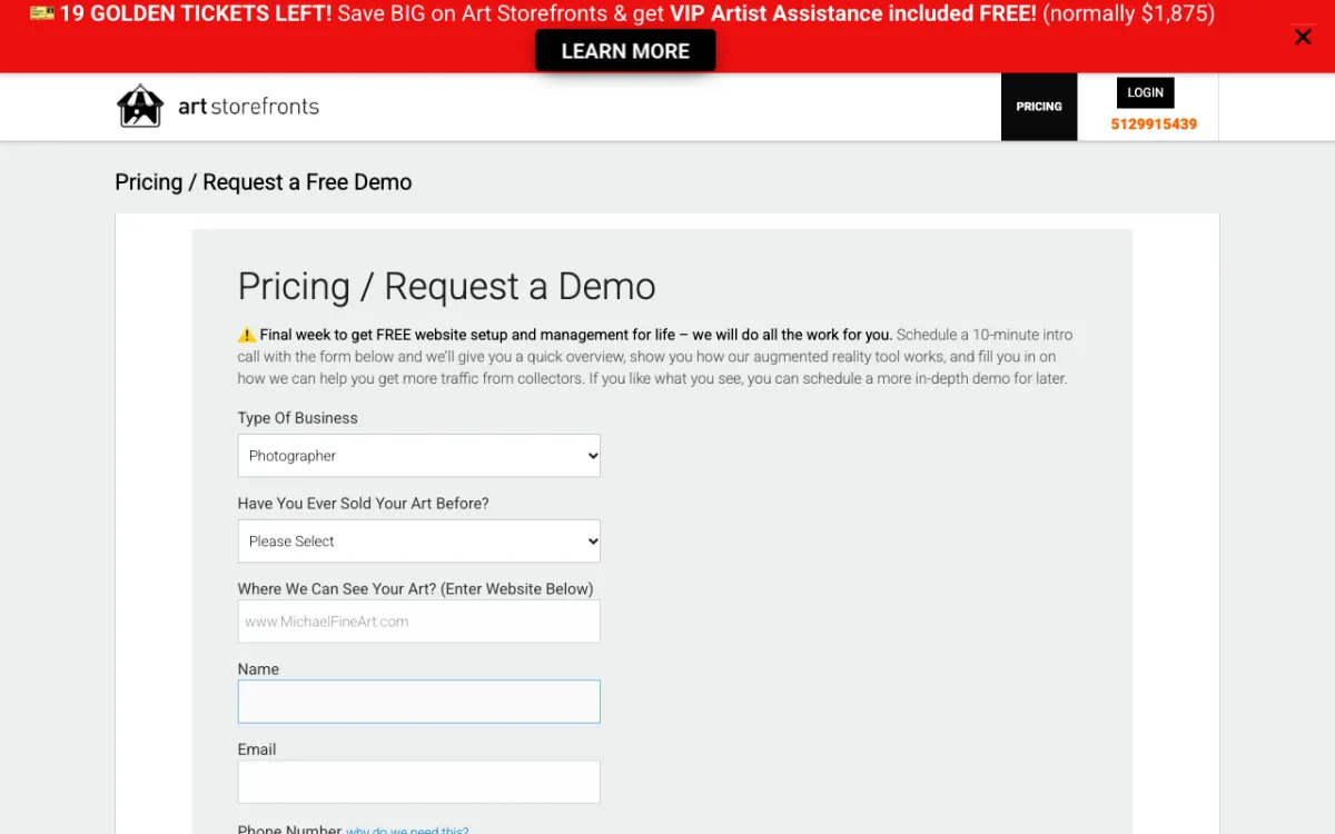Art Storefronts pricing page with a request-a-demo form.