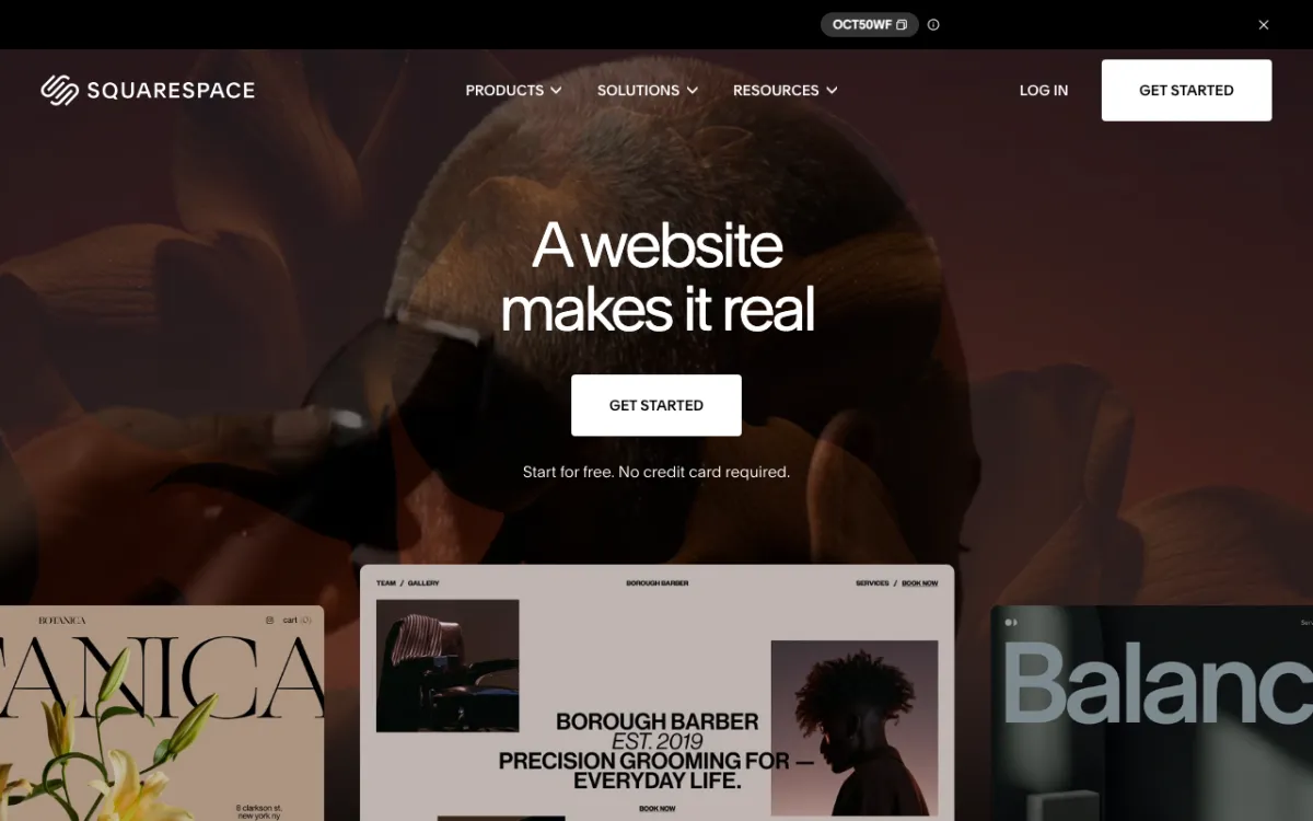Squarespace homepage with the headline “A website makes it real” and a Get Started button.
